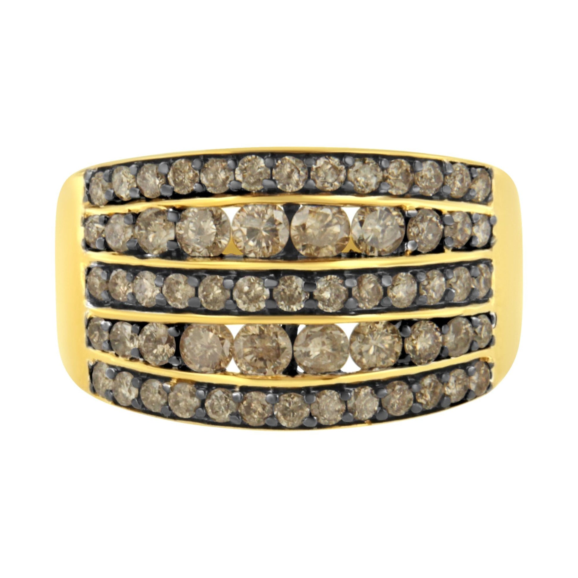 10K Yellow Gold Over .925 Sterling Silver 1 1/2 cttw Black Rhodium Shared-Prong Round-Cut Diamond 5 Row Band Ring (J-K Color, I1-I2 Clarity)-2