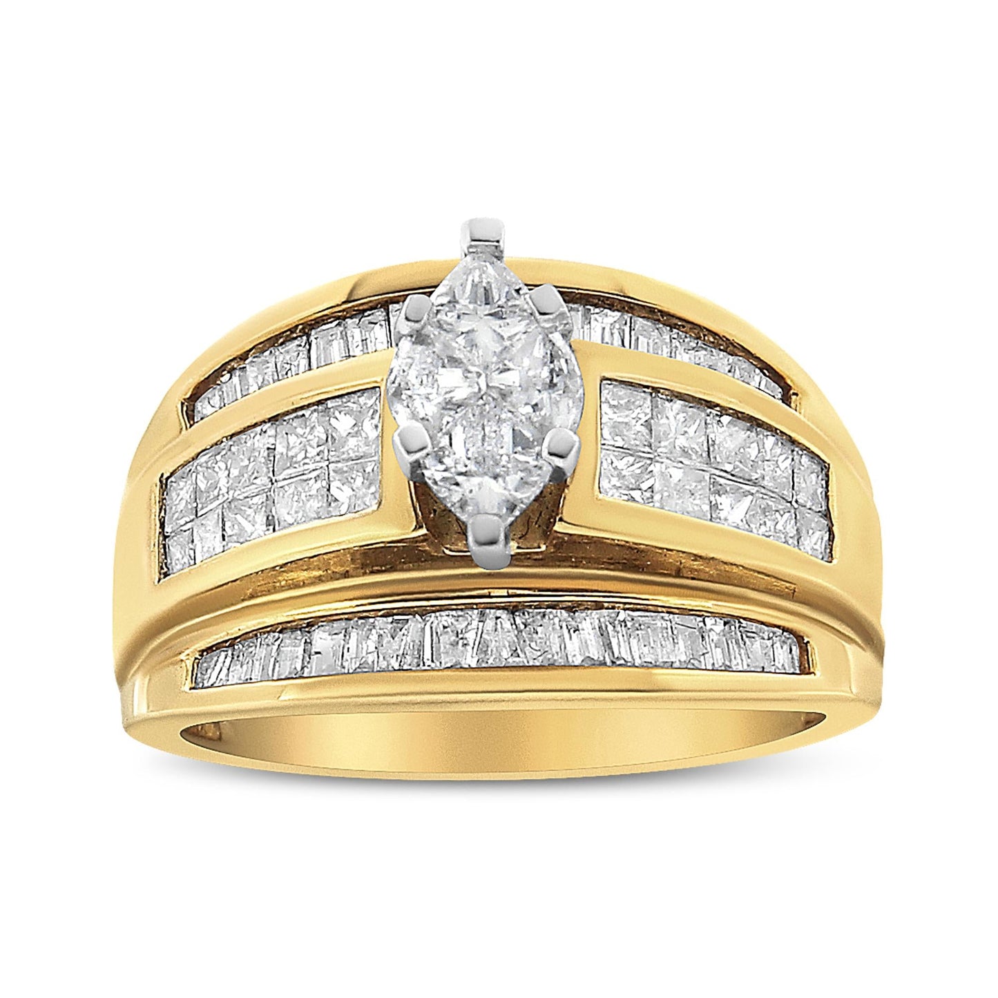 14K Yellow Gold 1 1/2 Cttw Pie, Princess and Baguette-cut Diamond Marquise Shaped Engagement Cocktail Ring Band (H-I Color, I1-I2 Clarity)-2