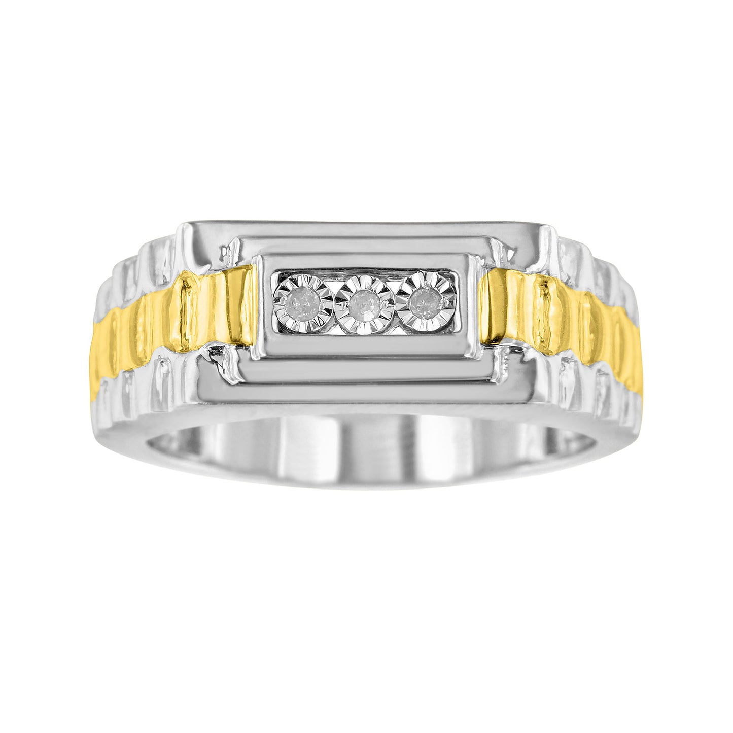 10K Yellow Gold Plated .925 Sterling Silver Diamond Accent Miracle-Set 3 Stone Ridged Band Gentlemen's Fashion Ring (I-J Color, I2-I3 Clarity)-2