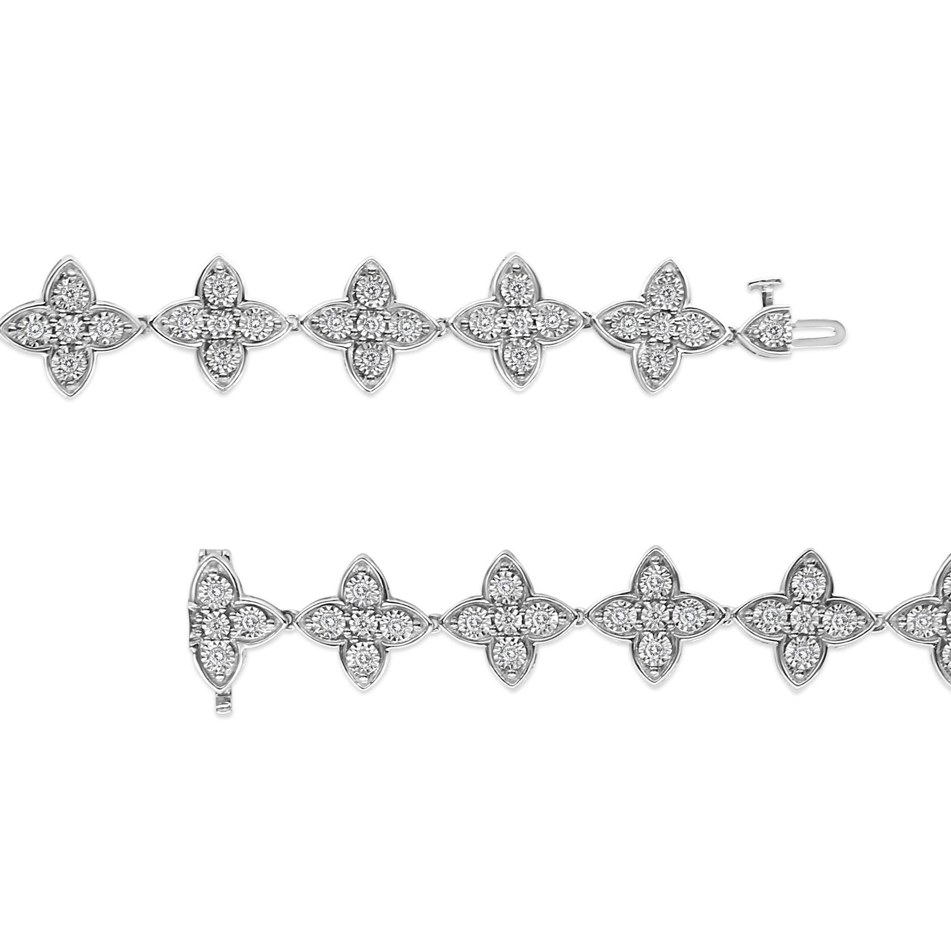 .925 Sterling Silver 1 cttw Miracle-Set Diamond 4 Leaf Clover Link Bracelet (I-J Clarity, I3 Color) - Size 7.25"-2