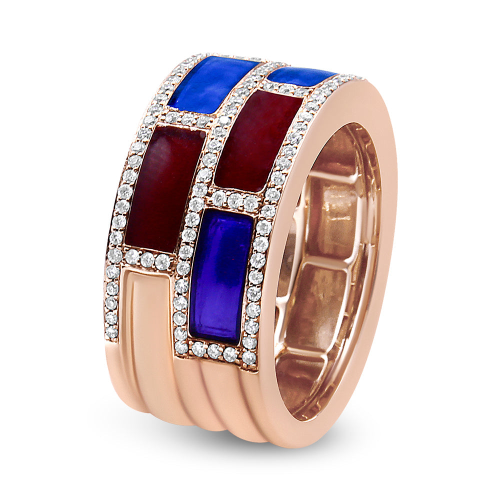 18K Rose Gold Alternating Red and Blue Enamel and 1/2 Cttw Diamond Studded Band Ring (F-G Color, VS1-VS2 Clarity)-2