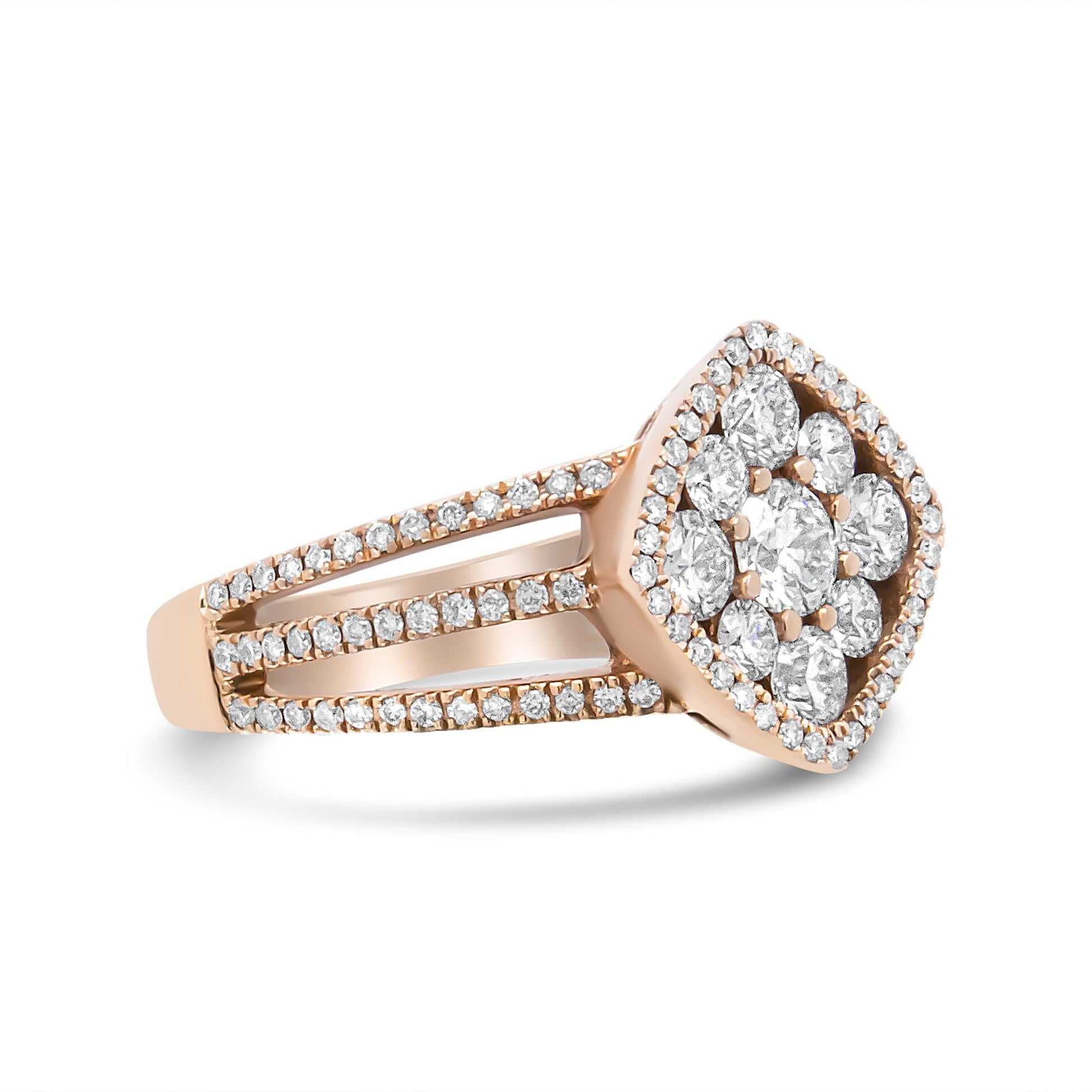 18K Rose Gold 1 1/4 Cttw Diamond Halo Cluster Split Shank Ring Band (F-G Color, VS1-VS2 Clarity)-2