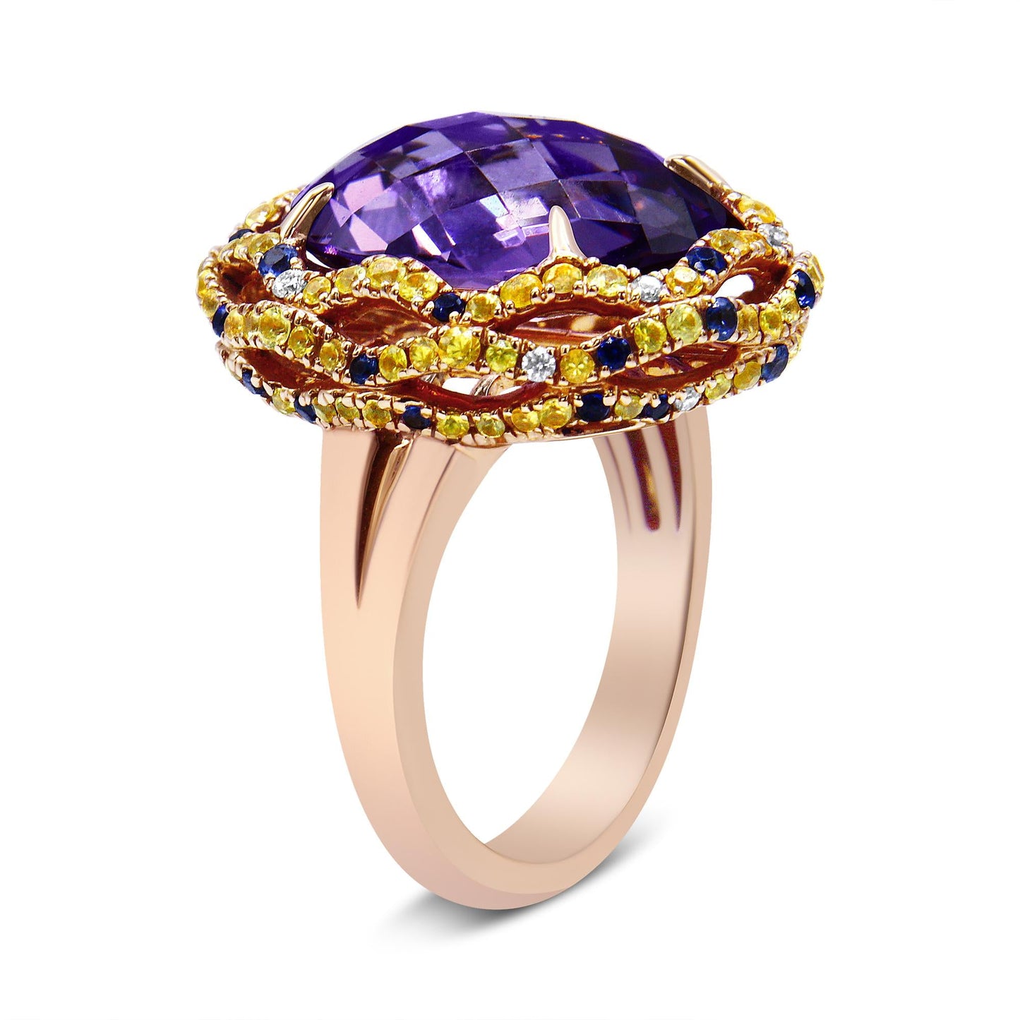 18K Yellow and Rose Gold Claw Prong Set Checkerboard Cut Purple Amethyst, Blue & Yellow Sapphire, Diamond Accent Cocktail Ring Band (F-G Color, VS1-VS2 Clarity)-2