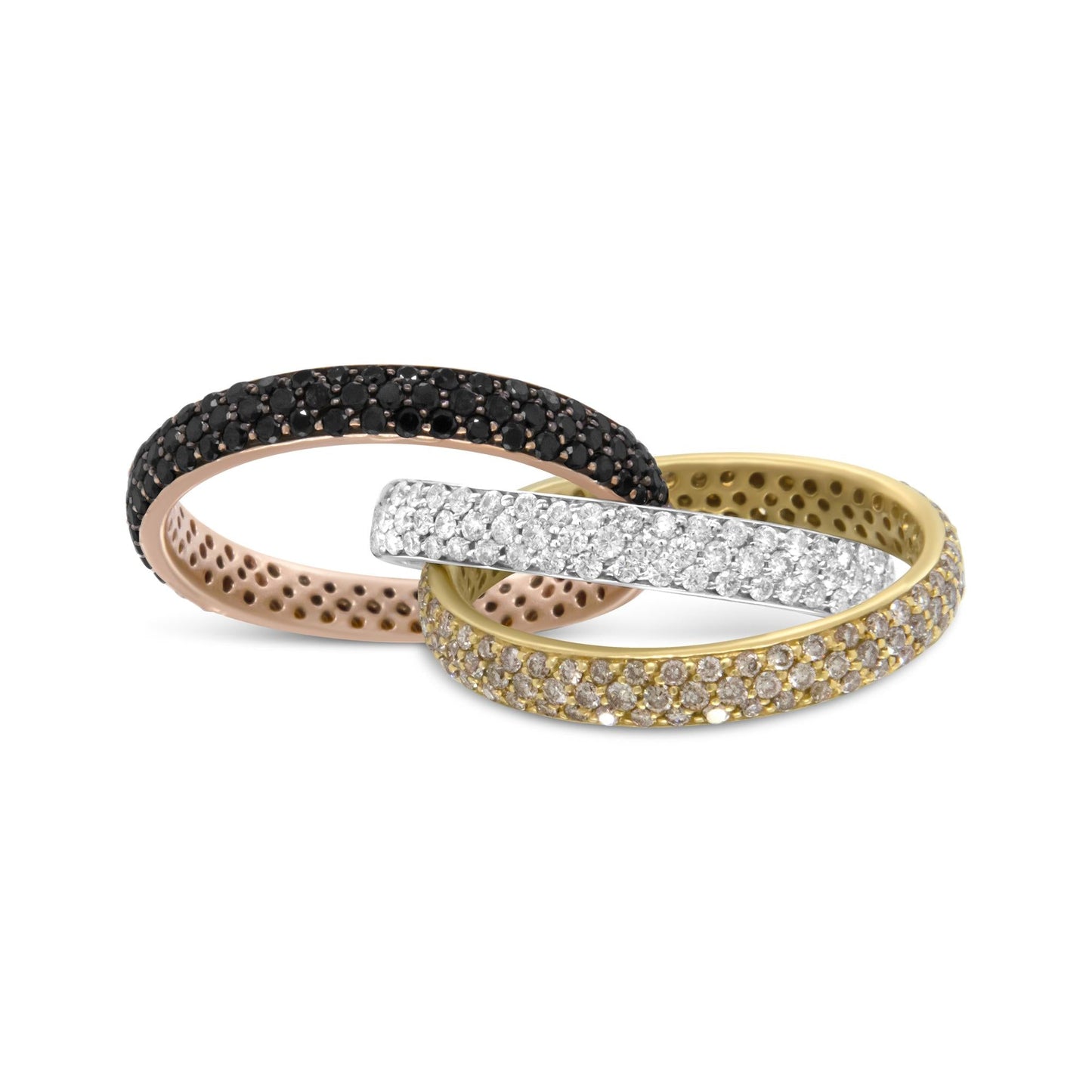 18K Tri-Color Gold 3 5/8 Cttw Diamond Interlocking Stackable Band Ring Set (Champagne, Black, and F-G Color, VS1-VS2 Clarity)-2