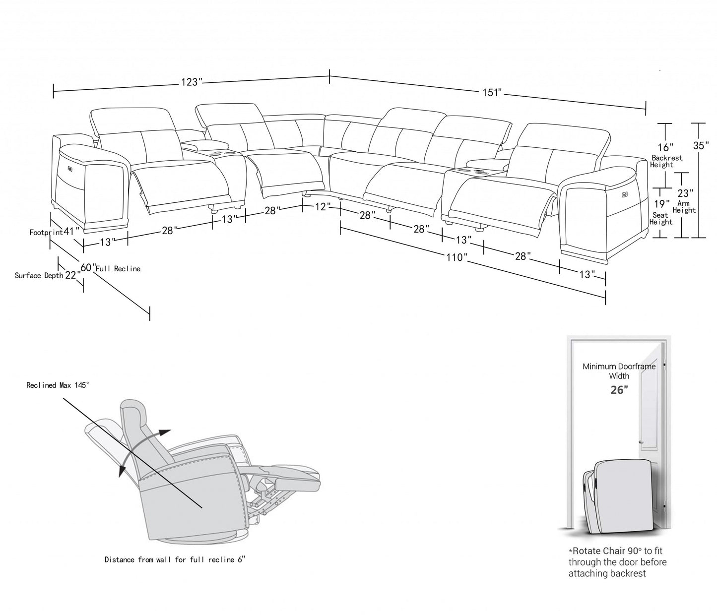 154" X 200" X 162.2" White Power Reclining 8PC Sectional-4