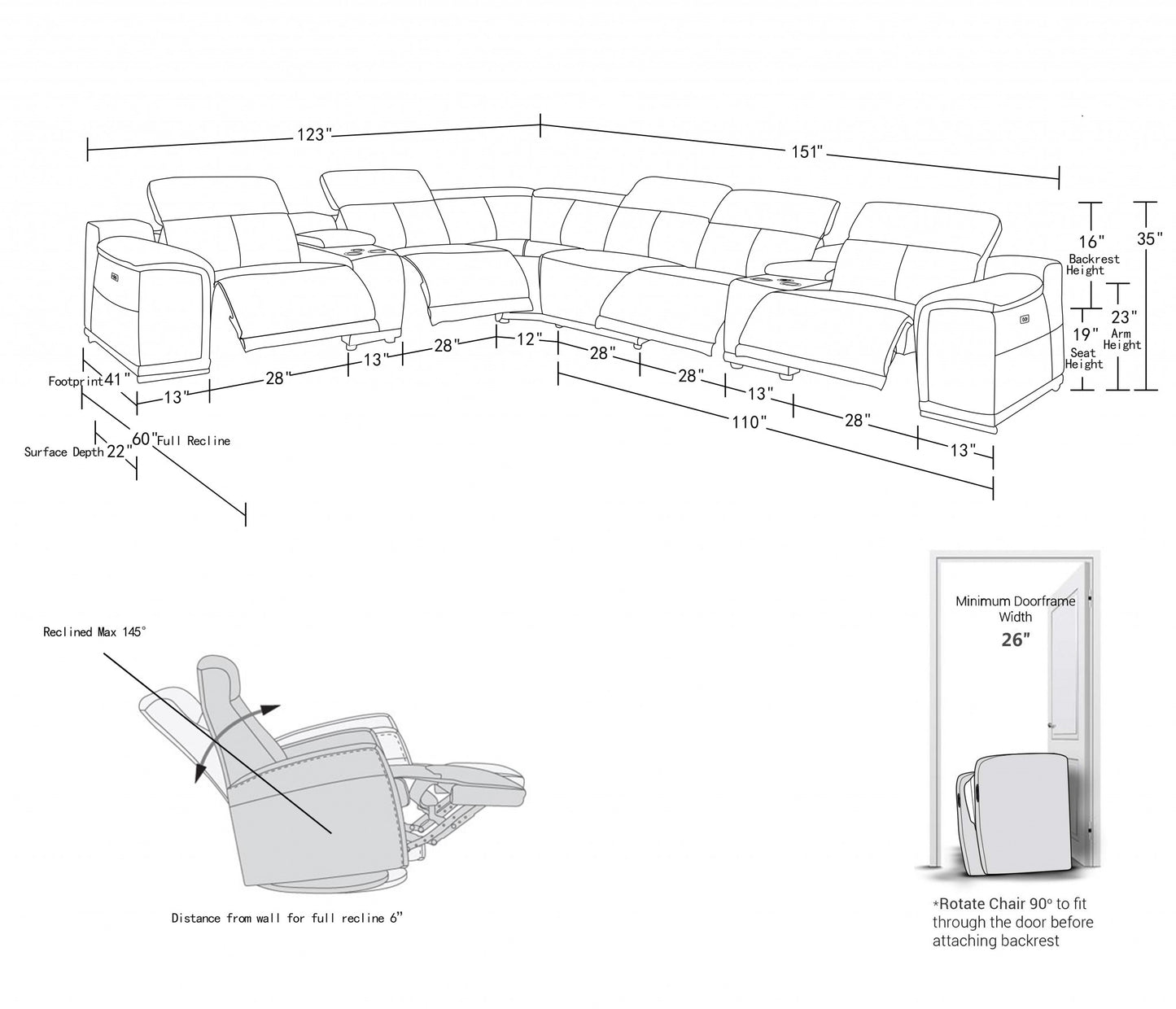 267" X 320" X 266.4" White Power Reclining 8PC Sectional-4