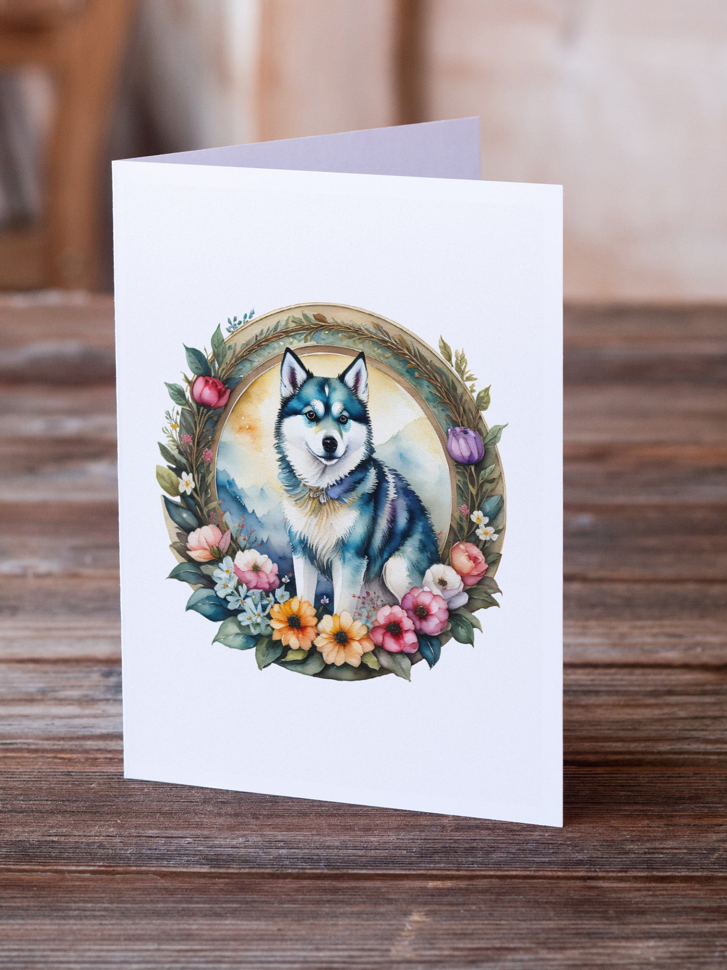 Alaskan Klee Kai and Flowers Greeting Cards Pack of 8