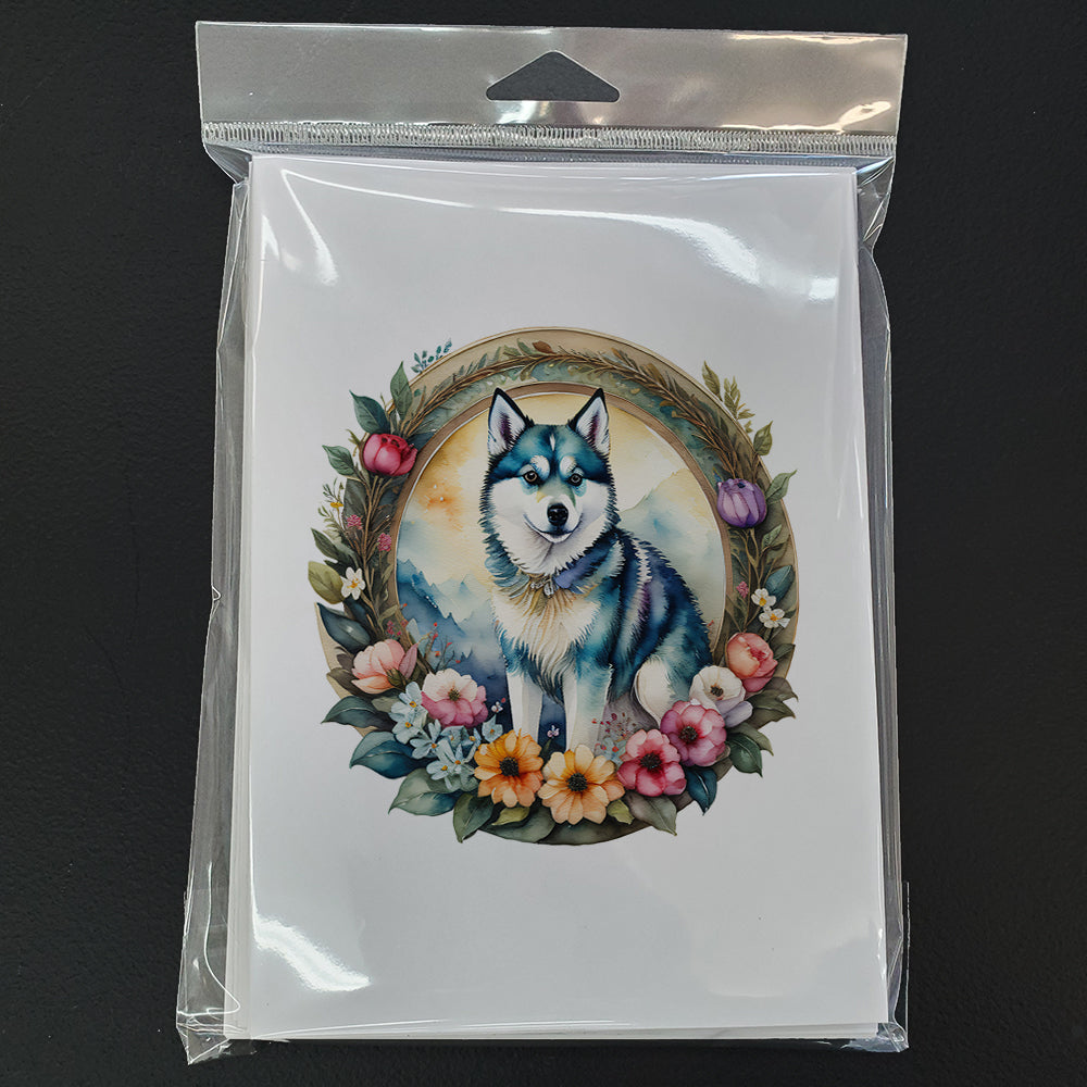 Alaskan Klee Kai and Flowers Greeting Cards Pack of 8