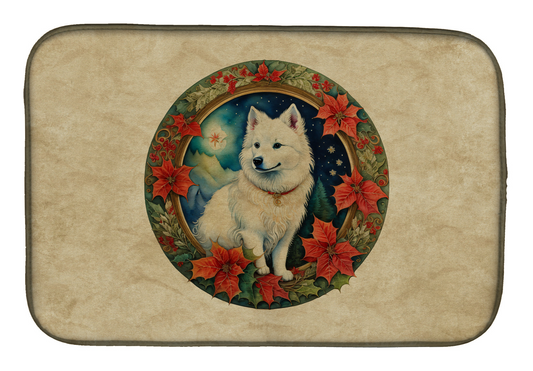 American Eskimo Christmas Flowers Dish Drying Mat