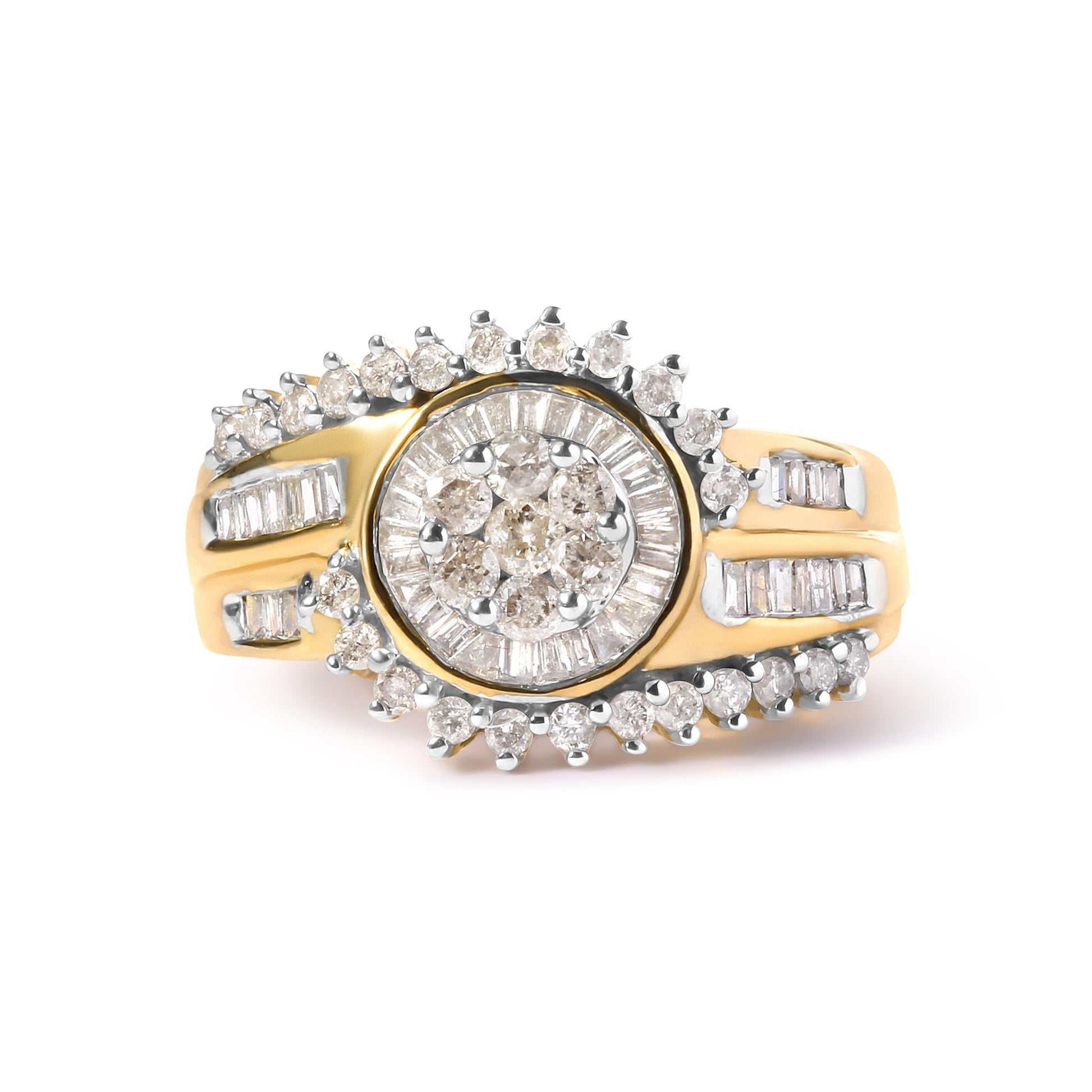 10K Yellow Gold 1 Cttw Round and Baguette cut Diamond Cluster Swirl Band Ring (H-I Color, I1-I2 Clarity)-3