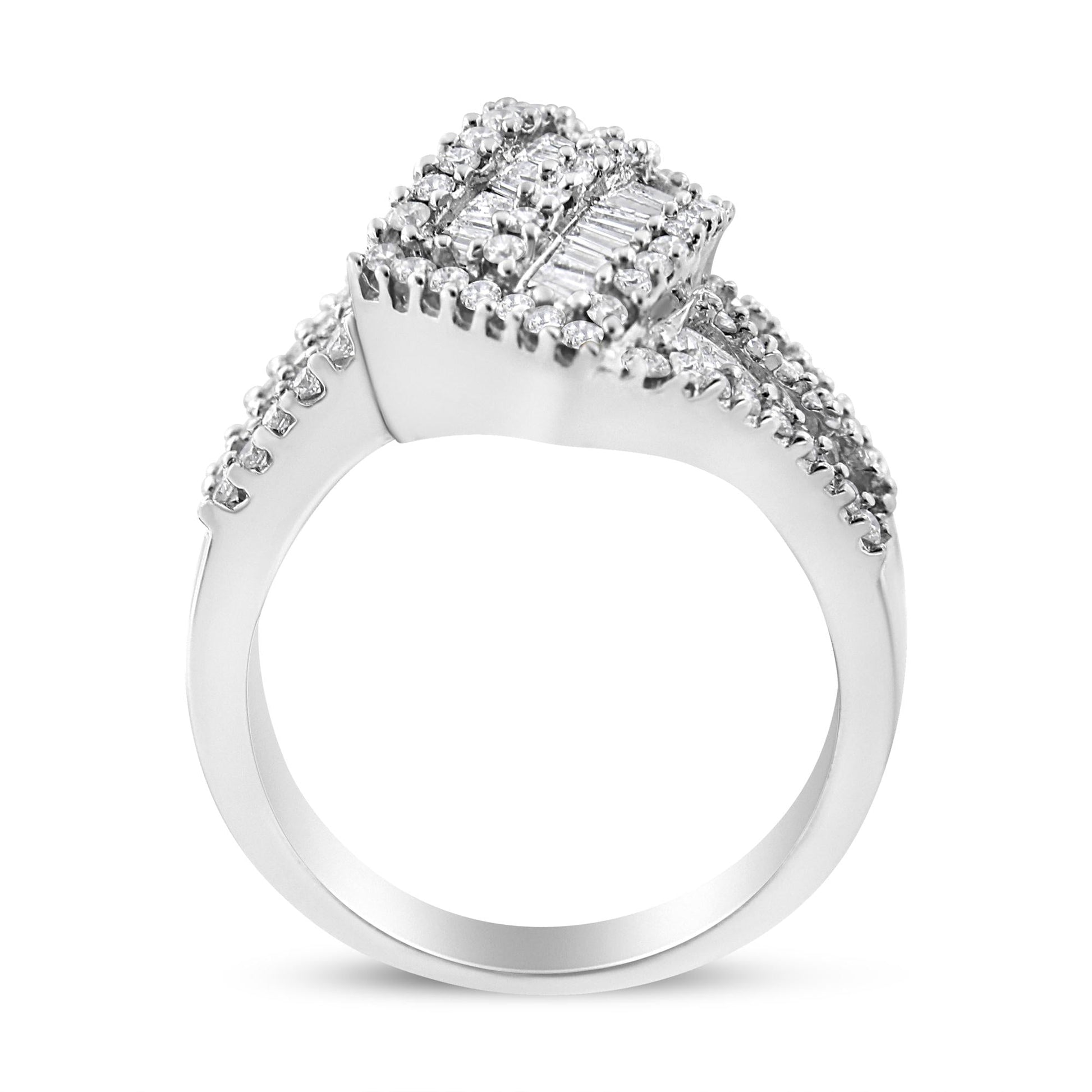 14K White Gold 1-1/2 Cttw Round and Baguette Diamond Bypass Cocktail Ring Band (H-I Color, SI1-SI2 Clarity)-3