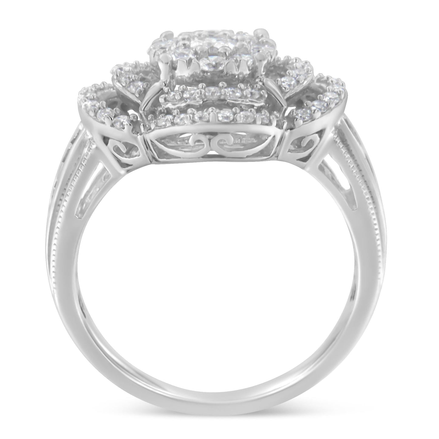 14K White Gold 1.0 Cttw Round & Baguette Cut Diamond Floral Cluster Quatrefoil Channel Set Band Cocktail Statement Ring (H-I Color, SI2-I1 Clarity)-3