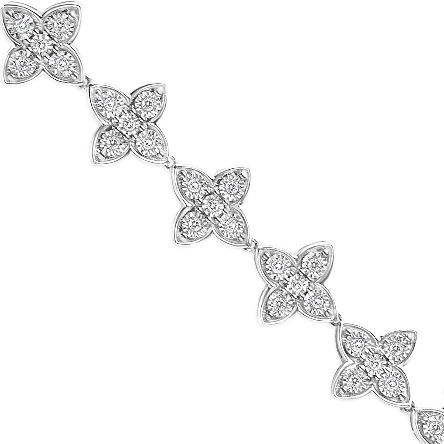 .925 Sterling Silver 1 cttw Miracle-Set Diamond 4 Leaf Clover Link Bracelet (I-J Clarity, I3 Color) - Size 7.25"-3