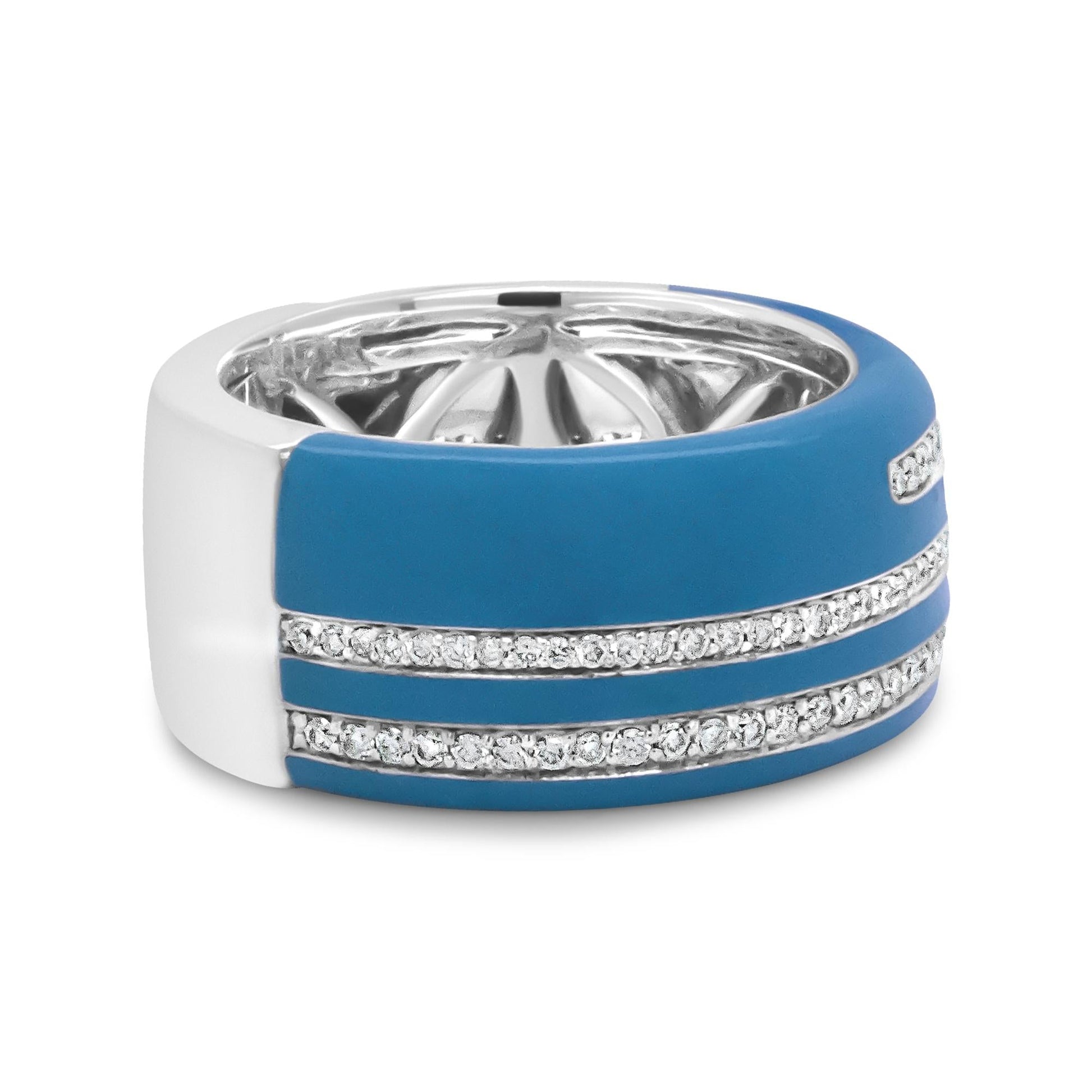 .925 Sterling Silver Turquoise Enamel 5/8 Cttw Round Diamond Wide Band Statement Ring (F-G Color, VS1-VS2 Clarity)-3