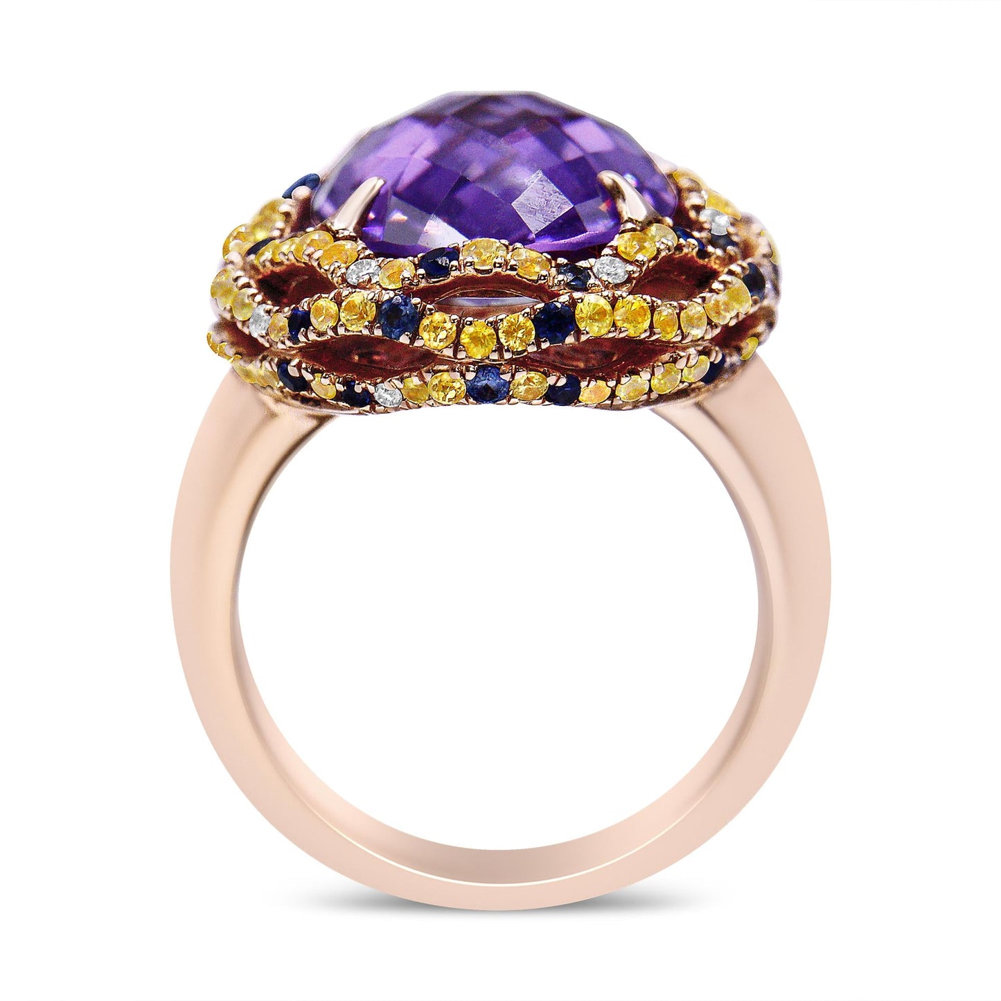 18K Yellow and Rose Gold Claw Prong Set Checkerboard Cut Purple Amethyst, Blue & Yellow Sapphire, Diamond Accent Cocktail Ring Band (F-G Color, VS1-VS2 Clarity)-3