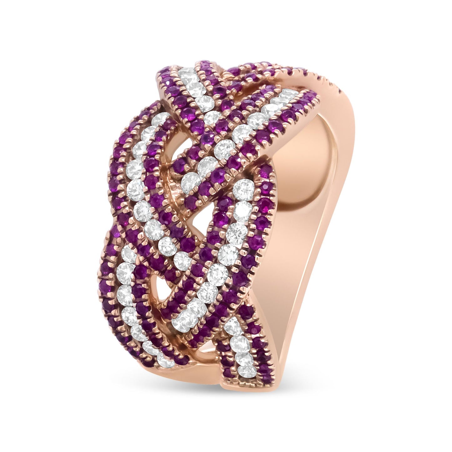 18K Rose Gold Red Ruby and 7/8 Cttw Diamond Woven Braided Band Ring (F-G Color, VS1-VS2 Clarity)-3