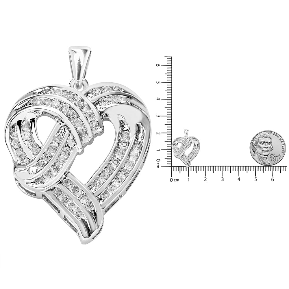 .925 Sterling Silver 1 1/4 Cttw Round Diamond Openwork Ribbon Weave Heart Pendant 18" Necklace (I-J Color, I3 Clarity)-4