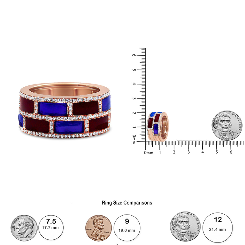 18K Rose Gold Alternating Red and Blue Enamel and 1/2 Cttw Diamond Studded Band Ring (F-G Color, VS1-VS2 Clarity)-4