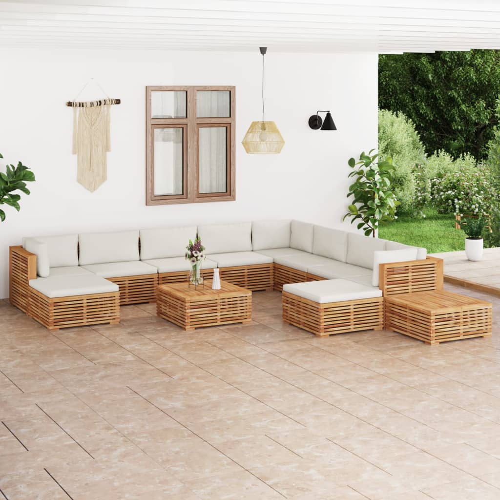 vidaXL 12 Piece Patio Lounge Set with Cream Cushion Solid Teak Wood-0