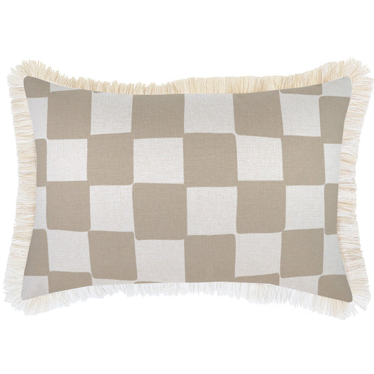 Cushion Cover-Coastal Fringe-Check Beige-35cm x 50cm-0