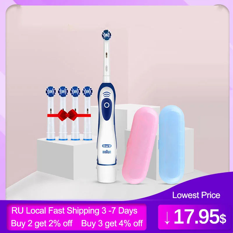 Oral B 4010 Electric Toothbrush 7600 times/Min Rotating Precision Clean Battery Powered 4 Pcs Replaceable Brush Heads Travel Box