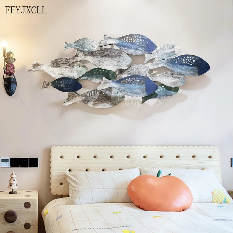 Mediterranean Style Wrought Iron Wall Decoration Fish Wall Hanging Retro Ocean Children's Room Theme Ornaments