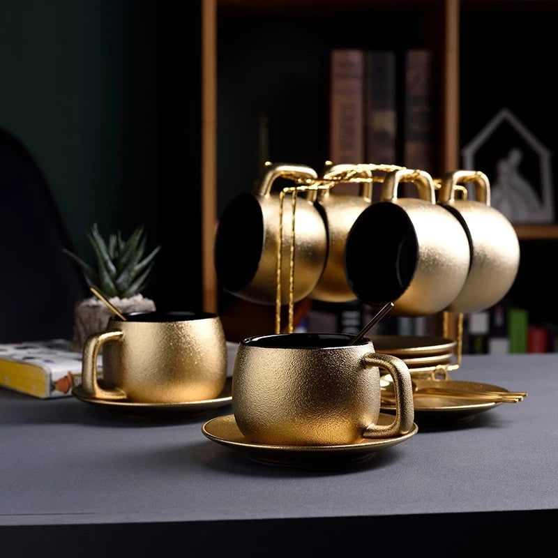 Imitation Gold Ceramic Coffee Cup Gilded Tableware With Saucer Spoon Rack Palace Modern Teacup Home Afternoon Tea Set Decoration