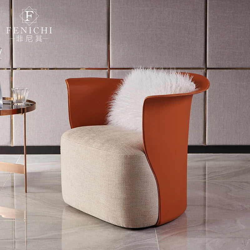 Creative single sofa chair light luxury saddle leather orange armchair cloth art davenport living room single seat