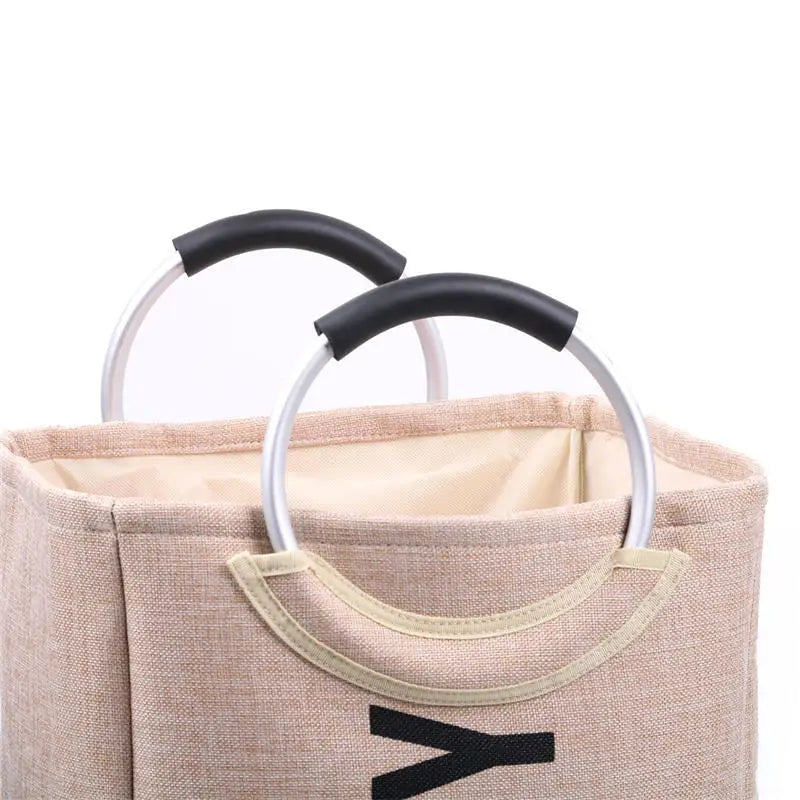 Imitation Linen Folding Laundry Basket Dirty Clothes Hamper Debris Sundries Storage Basket Aluminum Handle Portable 34*31*58cm