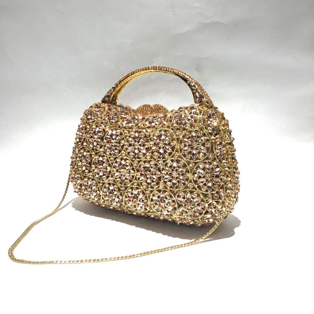 XIYUAN Women Rhinestones Top Handle Handbags Stones Evening bag Minaudiere Wedding Clutch Bridal Tote Ladies Metal Chain Handbag