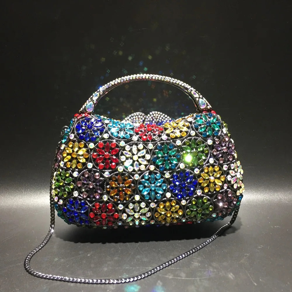 XIYUAN Women Rhinestones Top Handle Handbags Stones Evening bag Minaudiere Wedding Clutch Bridal Tote Ladies Metal Chain Handbag