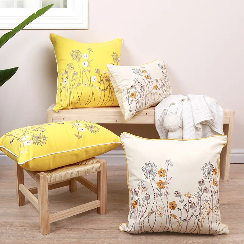 Embroidery Pillow Cover 45x45cm/30x50cm Yellow Cushion Cover With Dandelion Floral for home decoration Living Room Bedroom Sofa