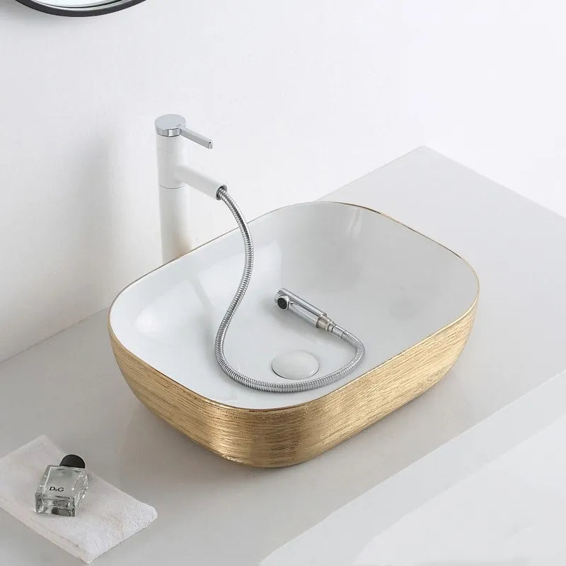 Art Bathroom Ceramic Vessel Sinks Brushed Rose Gold Washing Basin Bowl Golden Matte Black White Luxury  Sink