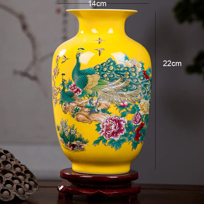 Jingdezhen Ceramics Yellow Peacock Flower Vase New Chinese Home Desktop Arrangement Living Room Decoration Arrangement