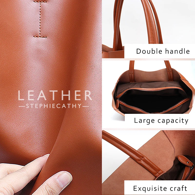 SC Luxury Brand Cow Leather Tote Bags Designer Cowhide Handbags Women Shoulder Bags Fashion Female Large Capacity Liner Bag