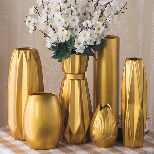 Luxury Europe Gold-plated Ceramic Vase Home Decor Creative Design Porcelain Decorative Flower Vase For Wedding Decoration