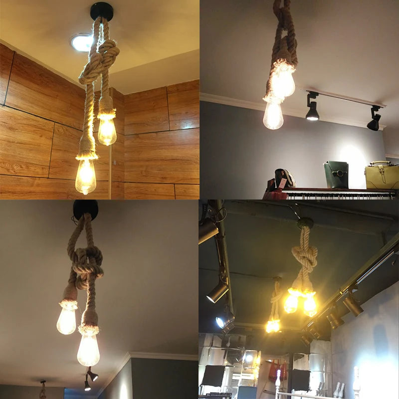 WELTIG Retro Hemp Rope Pendant Light | Vintage LED Industrial Lamp