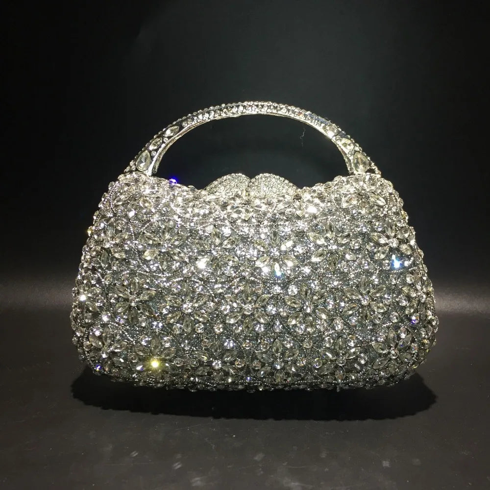 XIYUAN Women Rhinestones Top Handle Handbags Stones Evening bag Minaudiere Wedding Clutch Bridal Tote Ladies Metal Chain Handbag