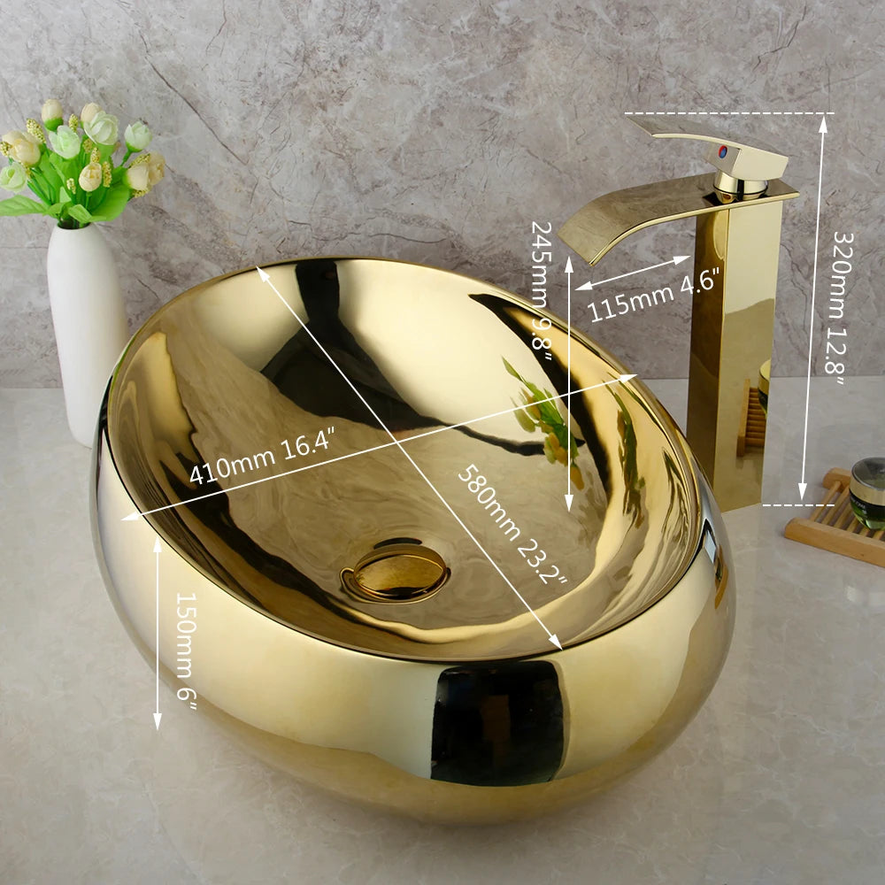 Monite Luxury Golden Ceramic Lavatory Sink Set Solid Brass Bathroom Tap Washbasin Basin Sink Set Bath Combine Mixer Faucet