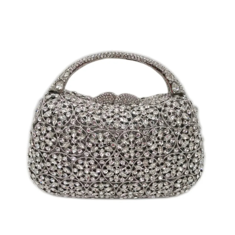 XIYUAN Women Rhinestones Top Handle Handbags Stones Evening bag Minaudiere Wedding Clutch Bridal Tote Ladies Metal Chain Handbag