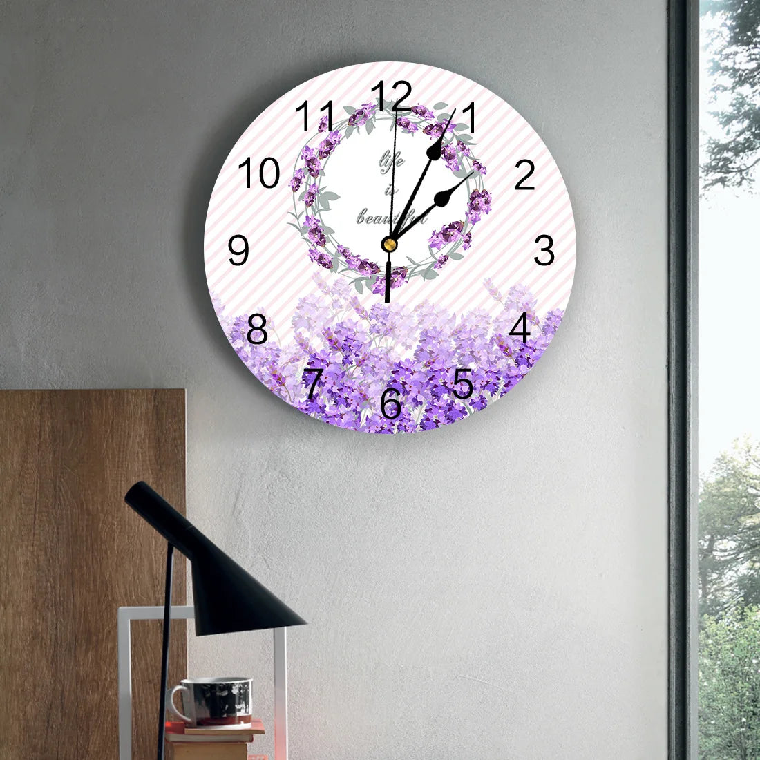 Life Is Beautiful Lavender Silent Decorative Wall Clock Digital Clock Operated Round Home Office School Clocks