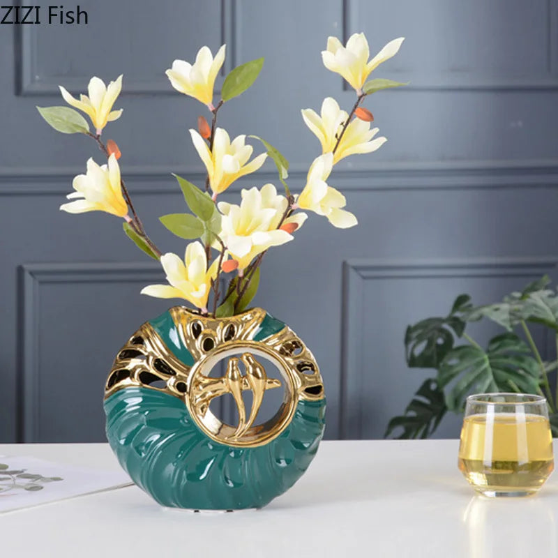 Ceramic Vase Chinese Retro Golden Hollow Golden Bird Flower Vases Modern Home Decoration Flower Arrangement Accessories