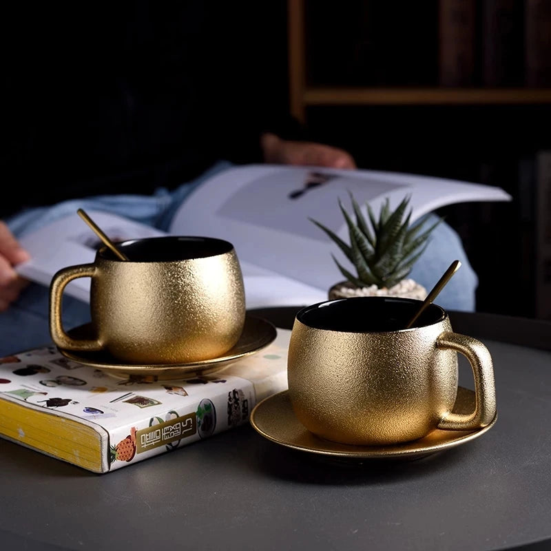 Imitation Gold Ceramic Coffee Cup Gilded Tableware With Saucer Spoon Rack Palace Modern Teacup Home Afternoon Tea Set Decoration