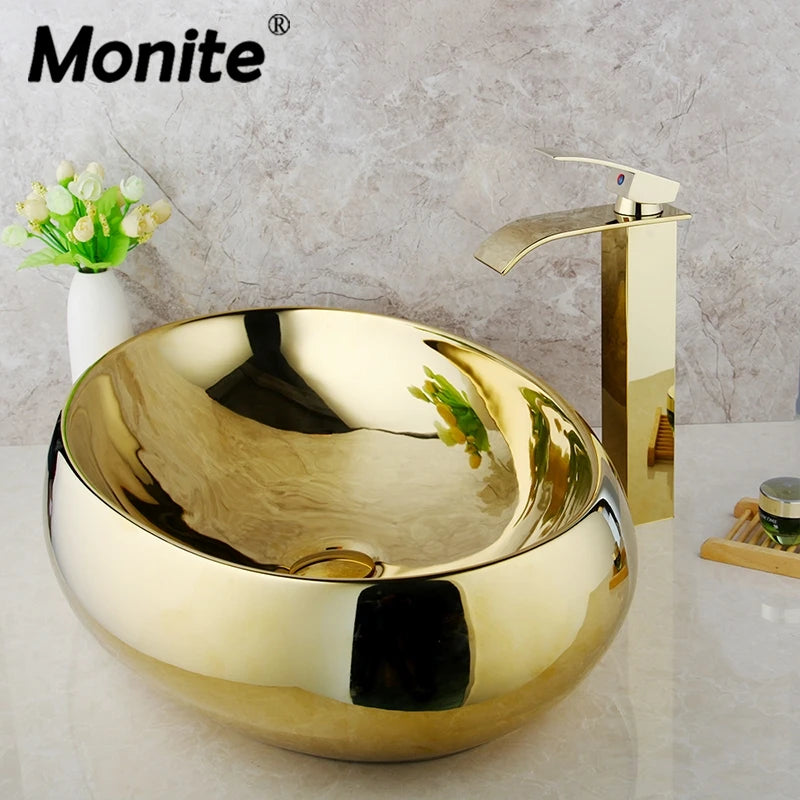 Monite Luxury Golden Ceramic Lavatory Sink Set Solid Brass Bathroom Tap Washbasin Basin Sink Set Bath Combine Mixer Faucet