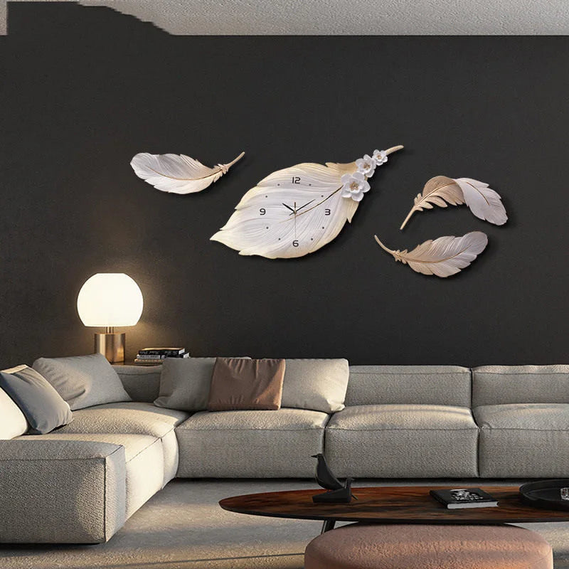 Modern Minimalist Light Luxury Feather Wall Clock Wall Mural Crafts Home Livingroom Wall Hanging Decoration Office Ornaments Art