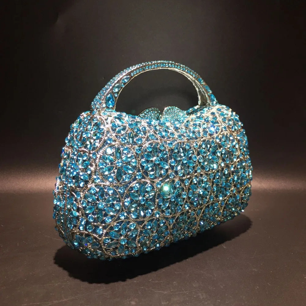 XIYUAN Women Rhinestones Top Handle Handbags Stones Evening bag Minaudiere Wedding Clutch Bridal Tote Ladies Metal Chain Handbag