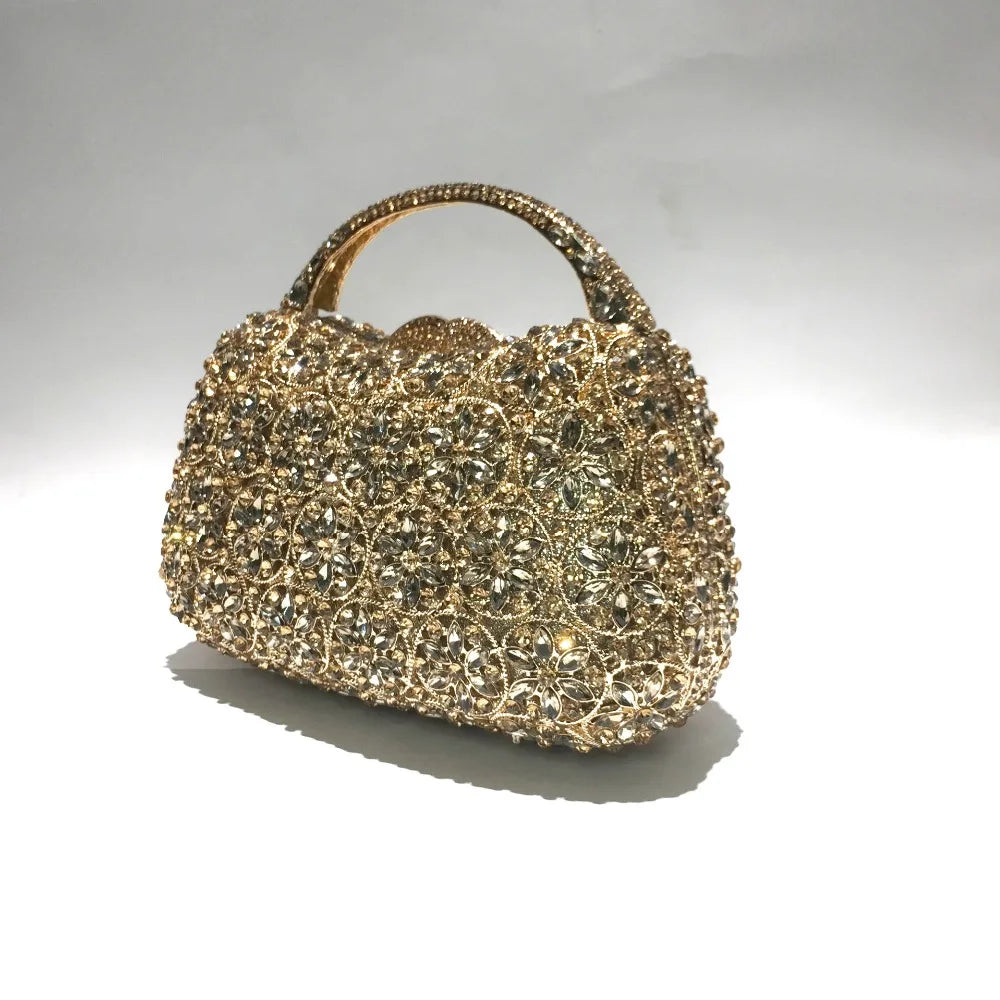 XIYUAN Women Rhinestones Top Handle Handbags Stones Evening bag Minaudiere Wedding Clutch Bridal Tote Ladies Metal Chain Handbag