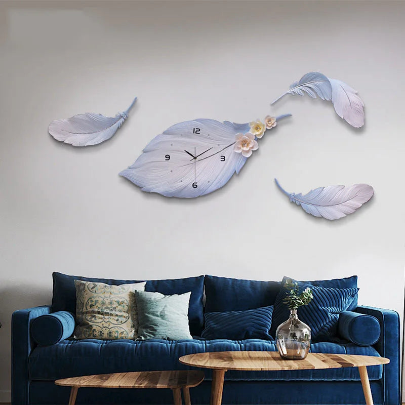 Modern Minimalist Light Luxury Feather Wall Clock Wall Mural Crafts Home Livingroom Wall Hanging Decoration Office Ornaments Art