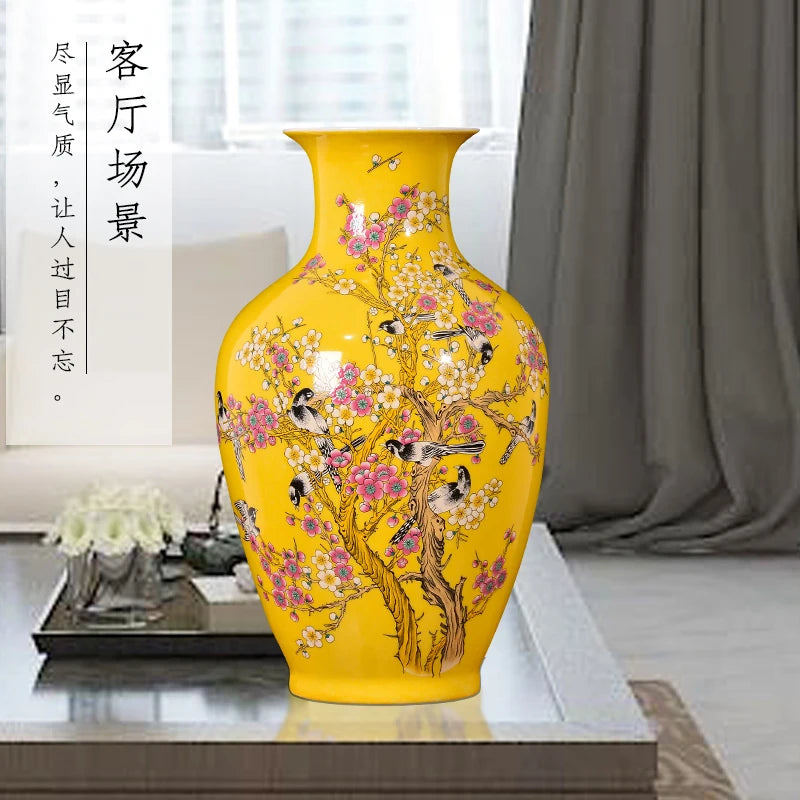 Jingdezhen porcelain antique new Chinese vase yellow glazed  magpie on the plum tree pattern big vases