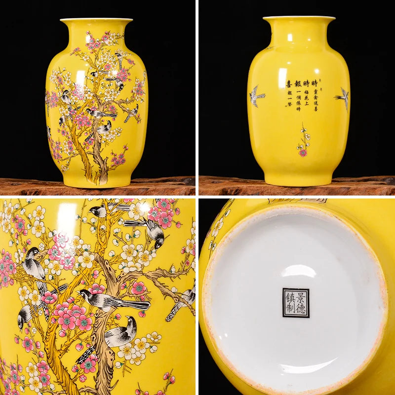 Jingdezhen porcelain antique new Chinese vase yellow glazed  magpie on the plum tree pattern big vases